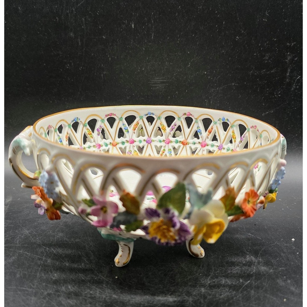 Dresden German Porcelain Reticulated Pierced Floral Encrusted Footed Bowl 7"